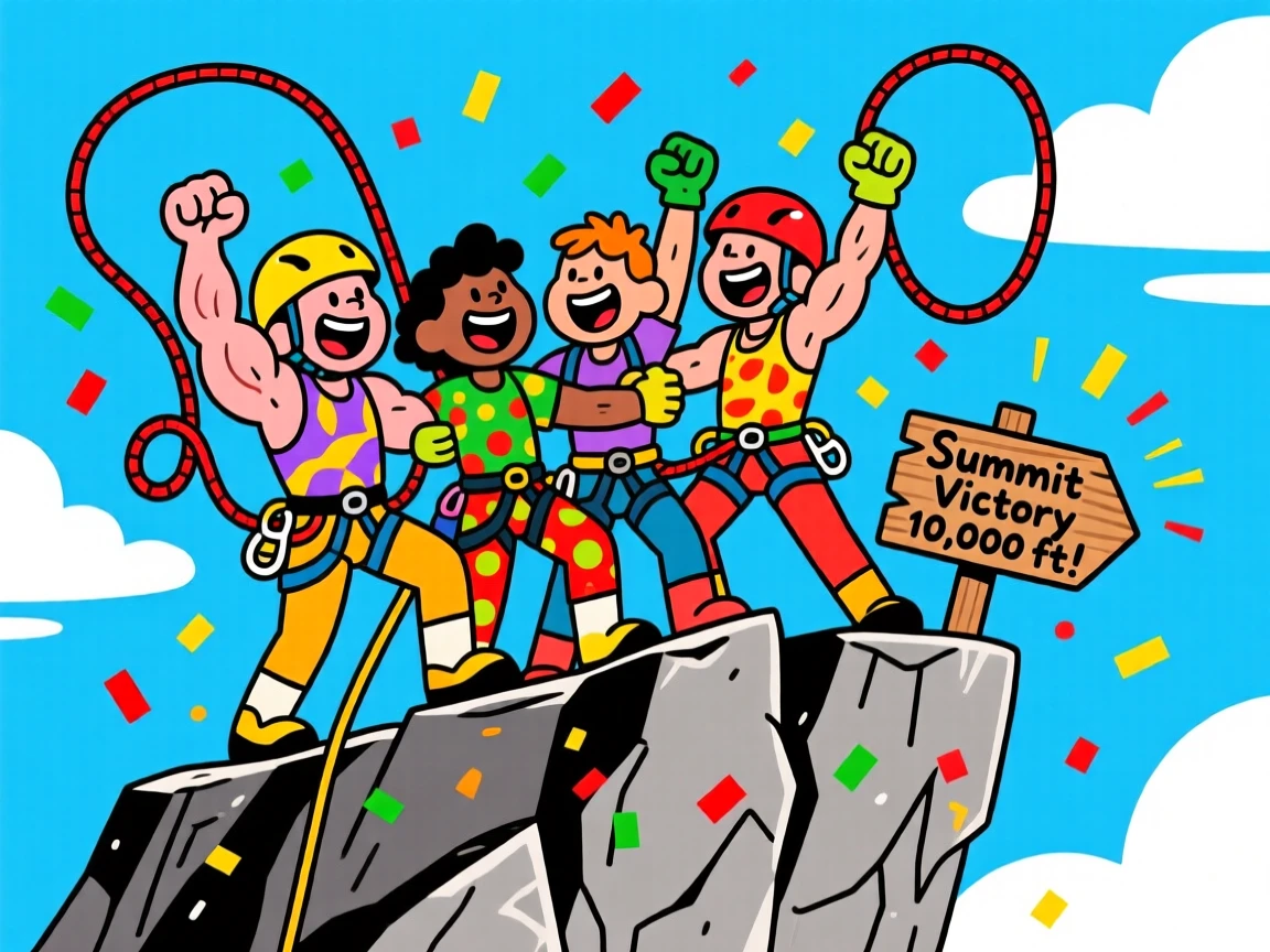 A rock climbing team celebrating at the top of a cliff.