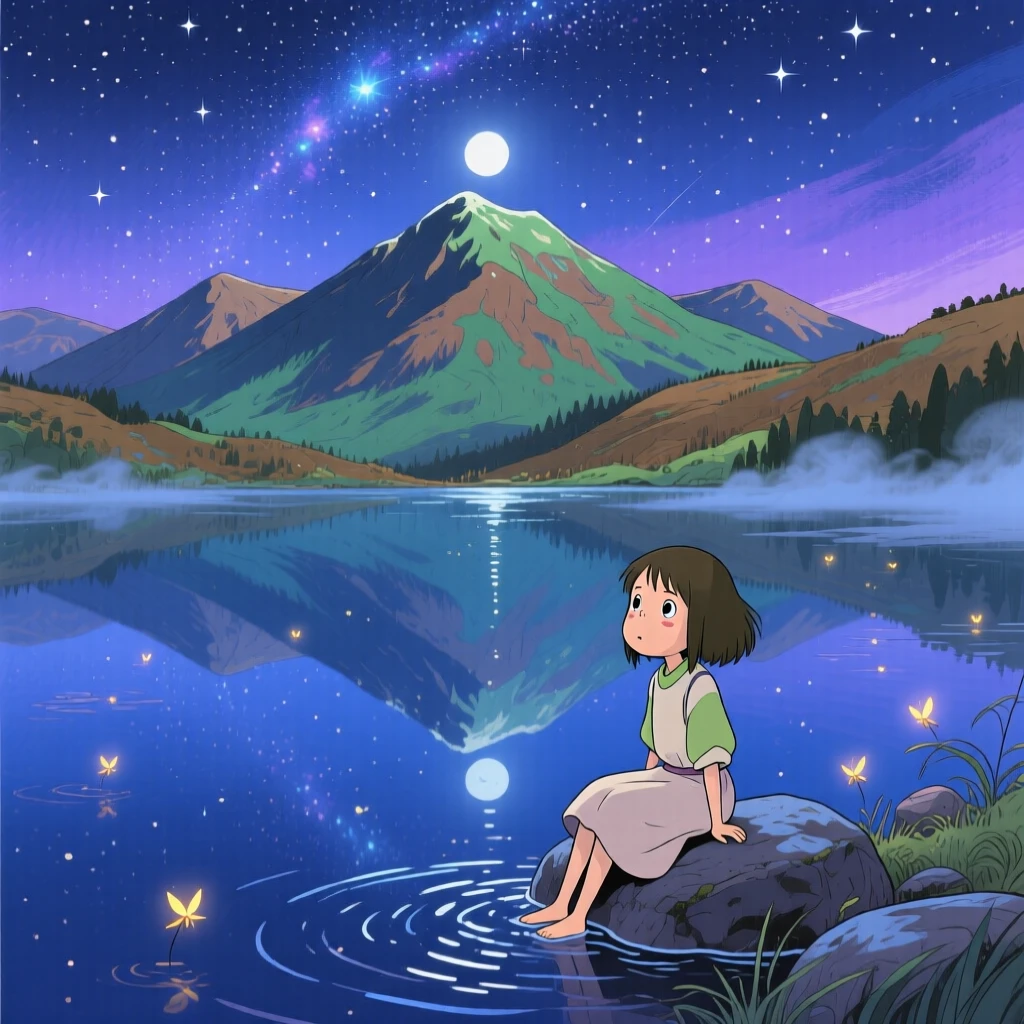 A nighttime scene of a starry sky reflected in a still mountain lake, dreamlike beneath the stars.