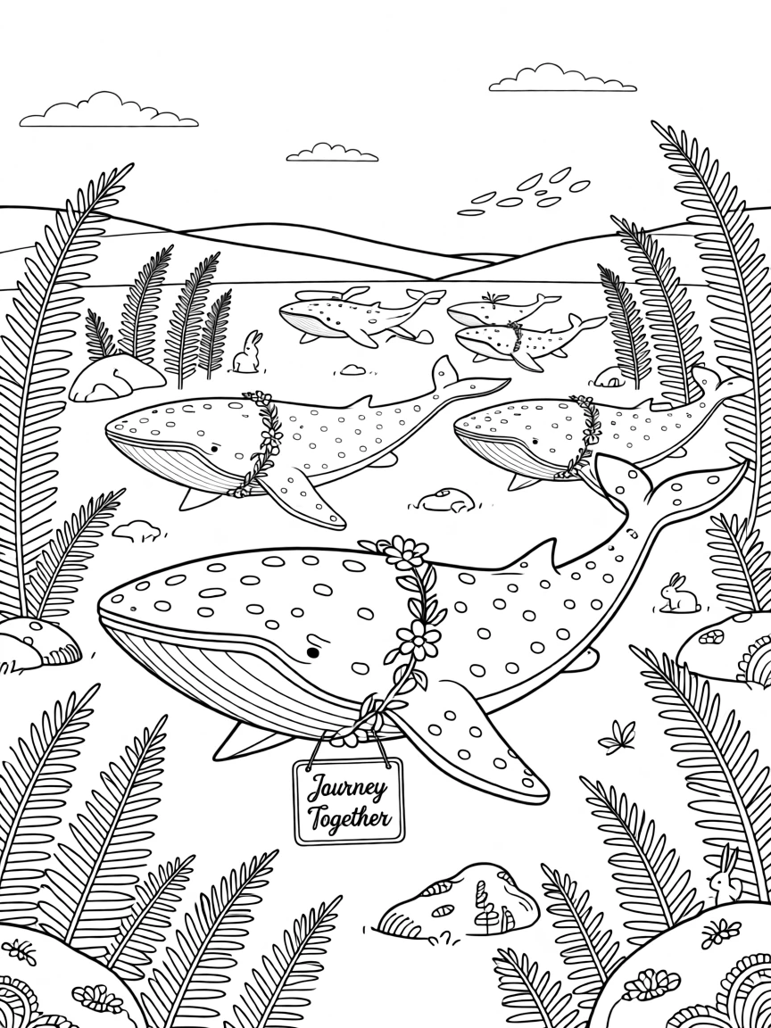 A whale shark traveling in a herd across open plains, surrounded by tall ferns and moss-covered stones.