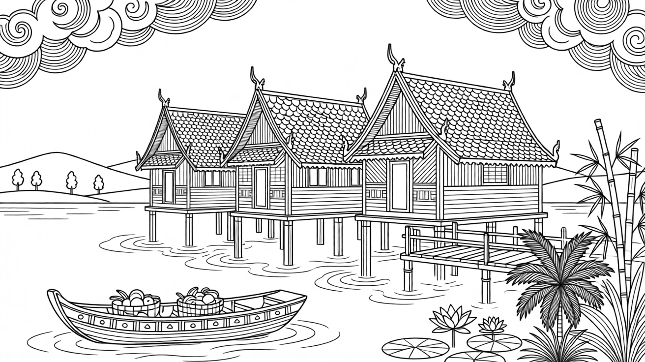A traditional stilt house village on a lake in Southeast Asia.