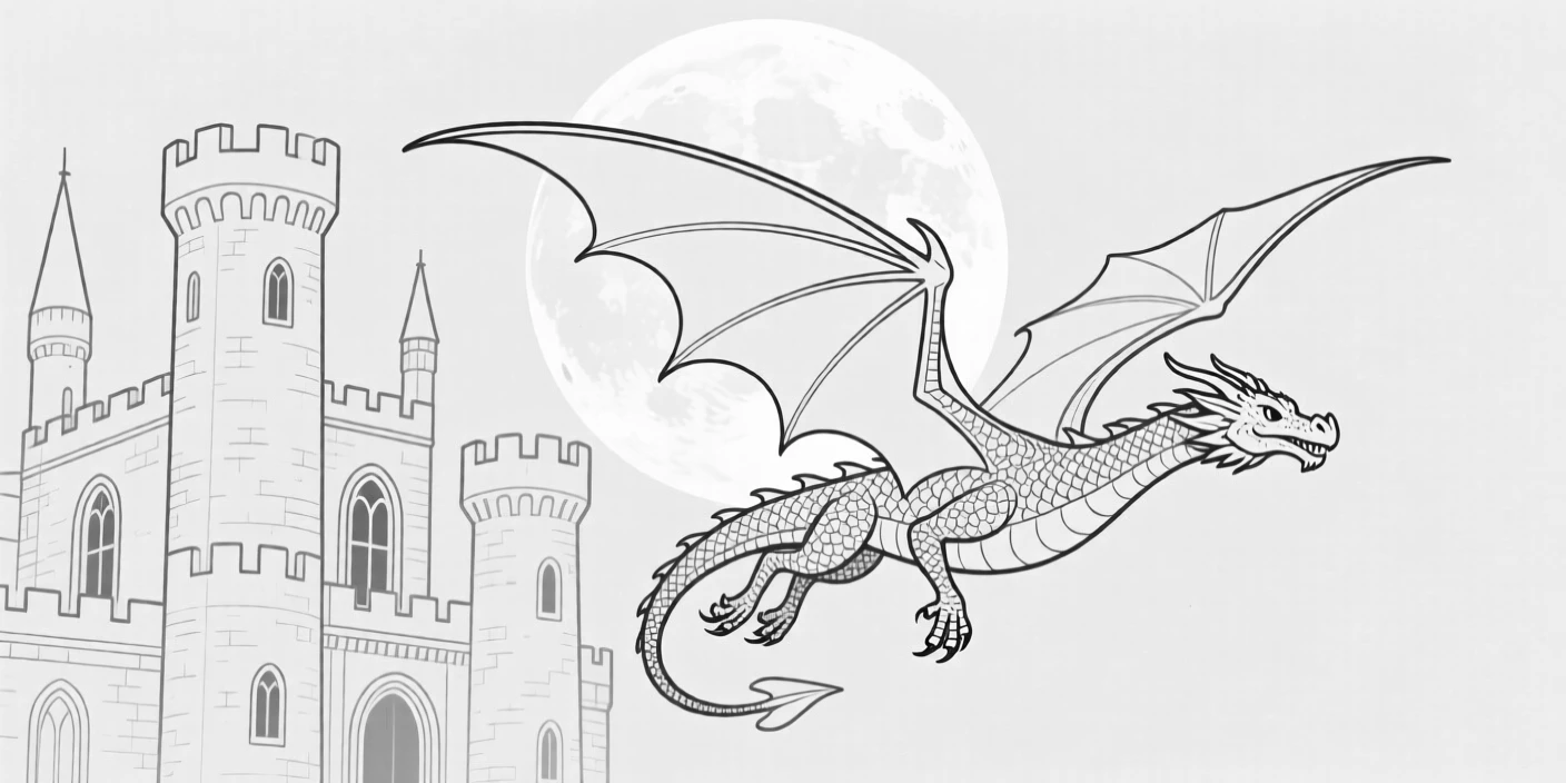 A dragon soaring past a castle silhouetted by the moon