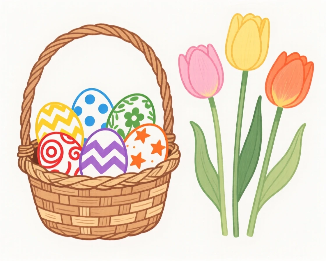 A basket of decorated eggs beside spring tulips.