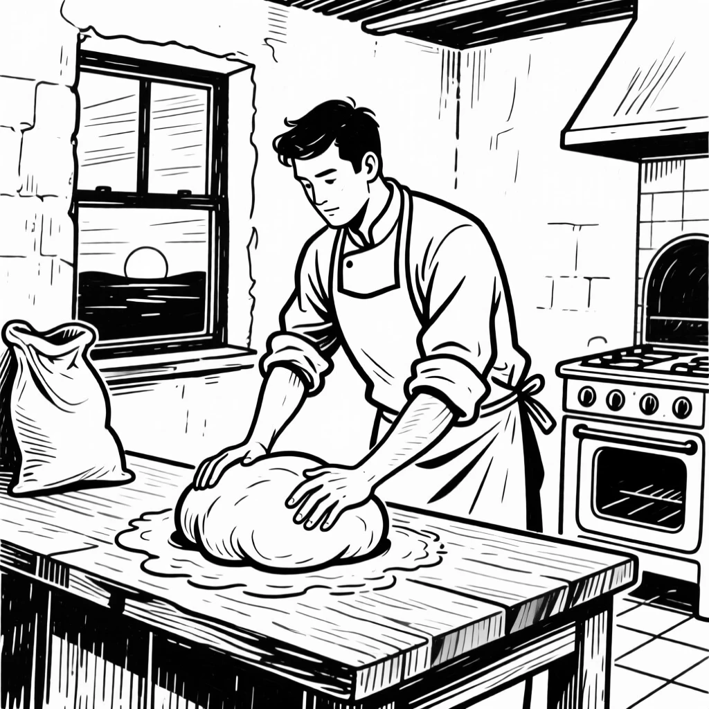 A baker kneading dough in a rustic bakery kitchen at dawn.