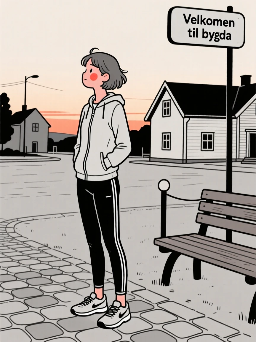 A high school student of Norwegian heritage in athletic workout wear, looking hopeful toward the horizon, on a village square at dusk.