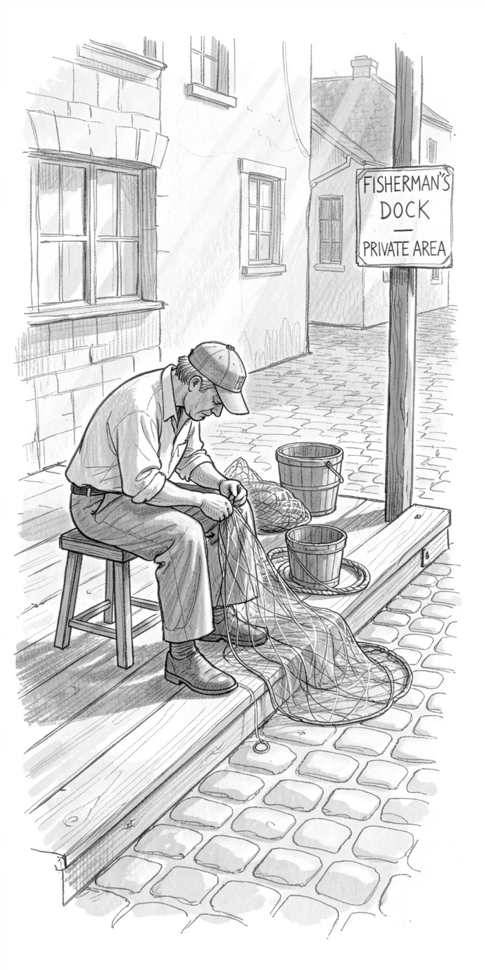 A candid slice-of-life scene of a fisherman mending his nets at the dock on a quiet cobblestone lane, with golden morning light streaming through windows.