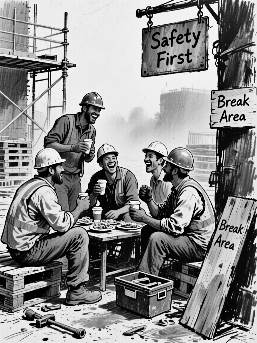 Workers sharing lunch break laughter at a construction site, with a gentle mist rolling through the background.