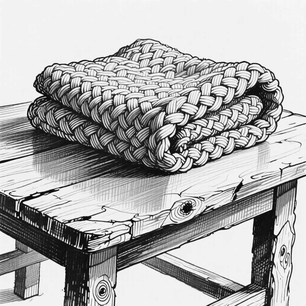 A woven wool blanket folded on a bench arranged on a rustic wooden table, with a faint reflection visible on its surface, forming a cozy and intimate still-life study.