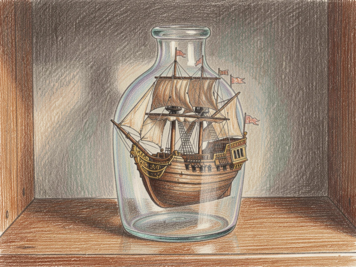 An old wooden ship in a bottle resting on a study shelf, with rich textures and fine decorative details, designed to feel timeless and collectible.