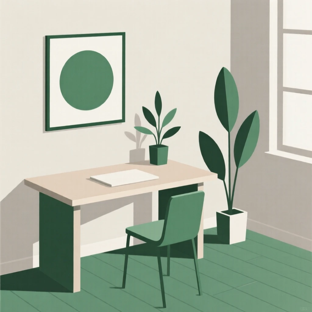 A home office with a standing desk and plants
