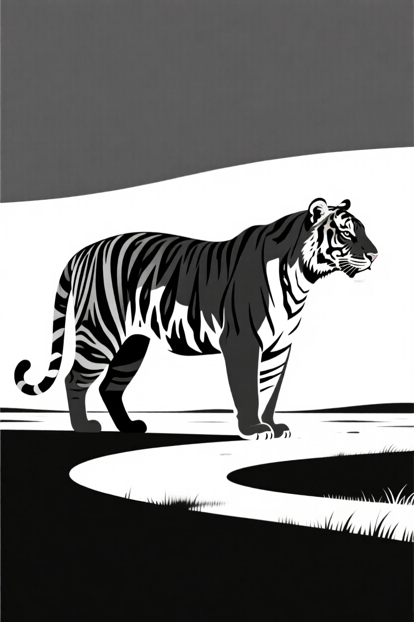 A bengal tiger grazing on an open plain.