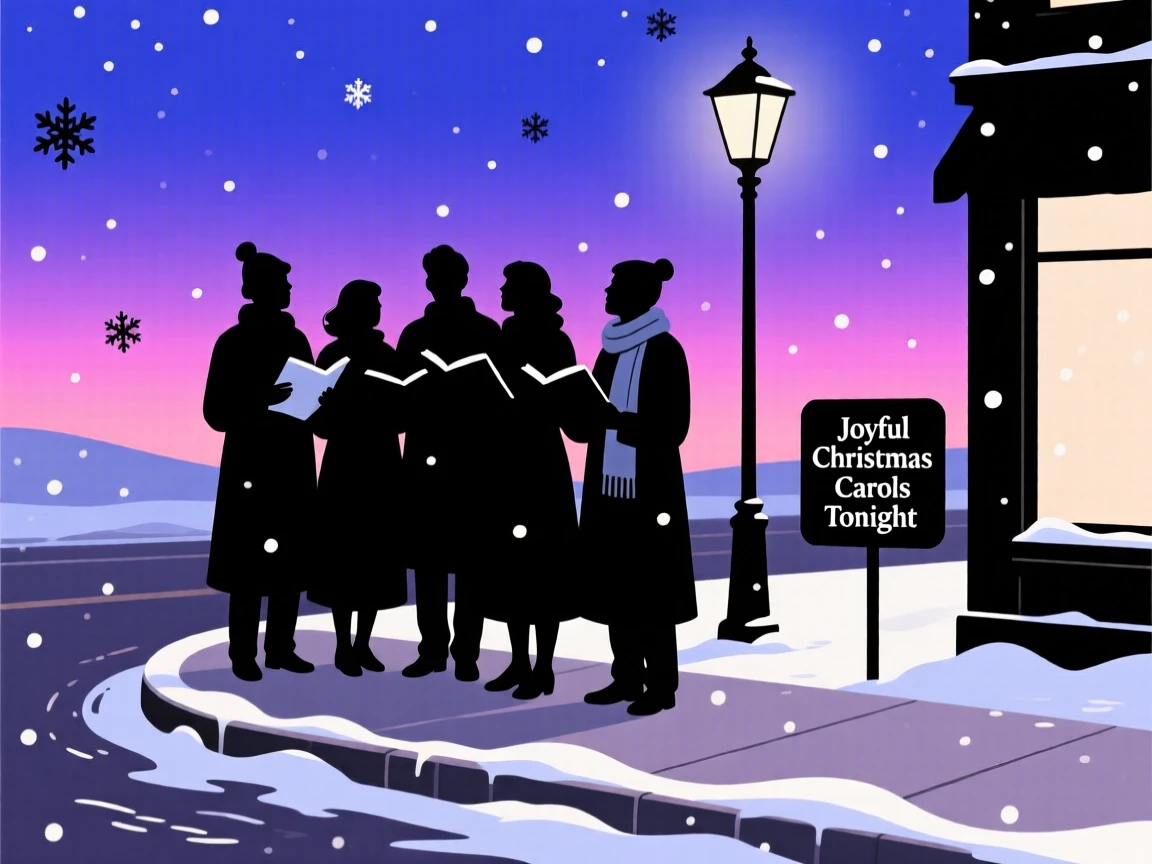 A group of carolers singing together on a snowy street corner.