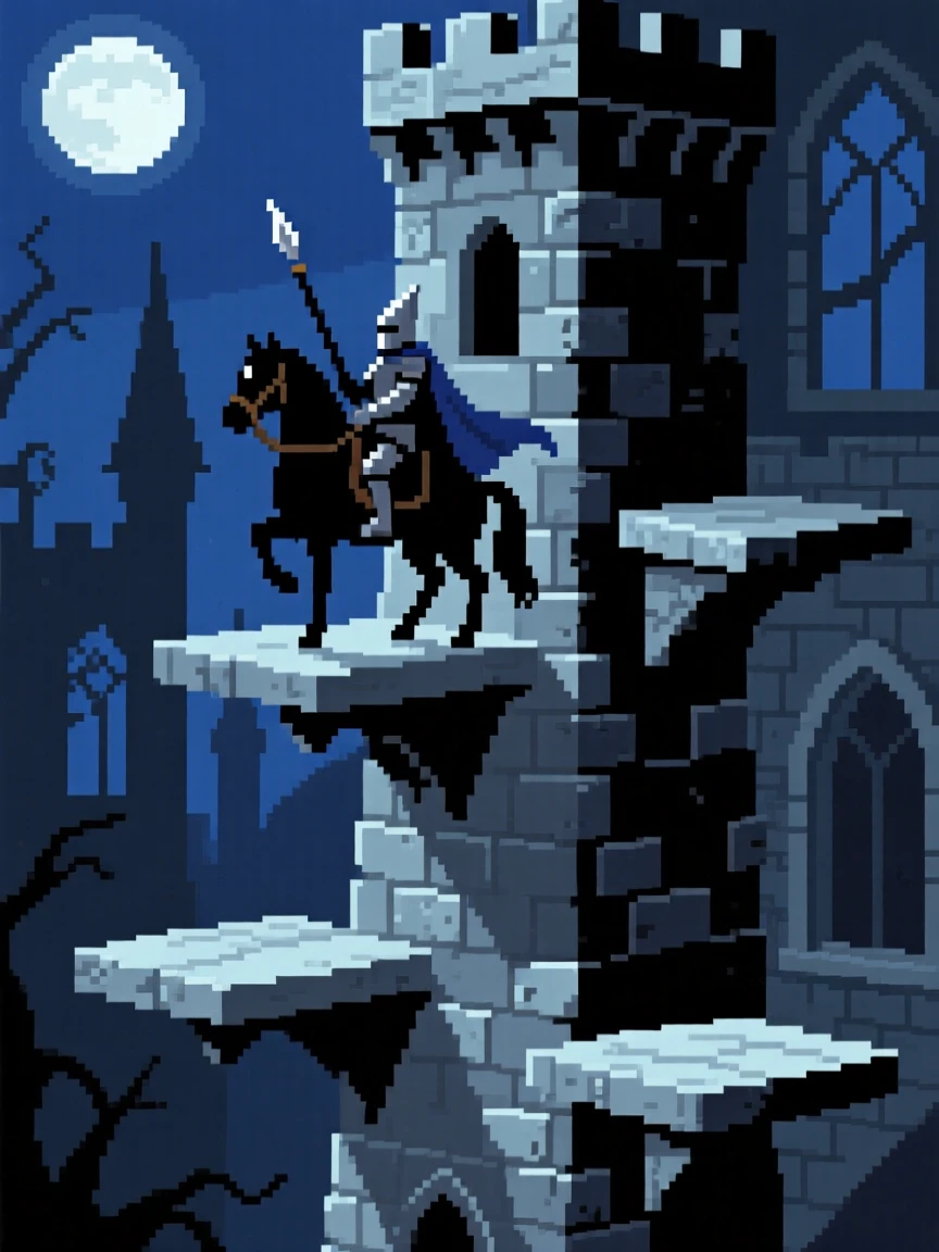 A mounted knight climbing a tower guarded by floating platforms, within a haunted castle at midnight.
