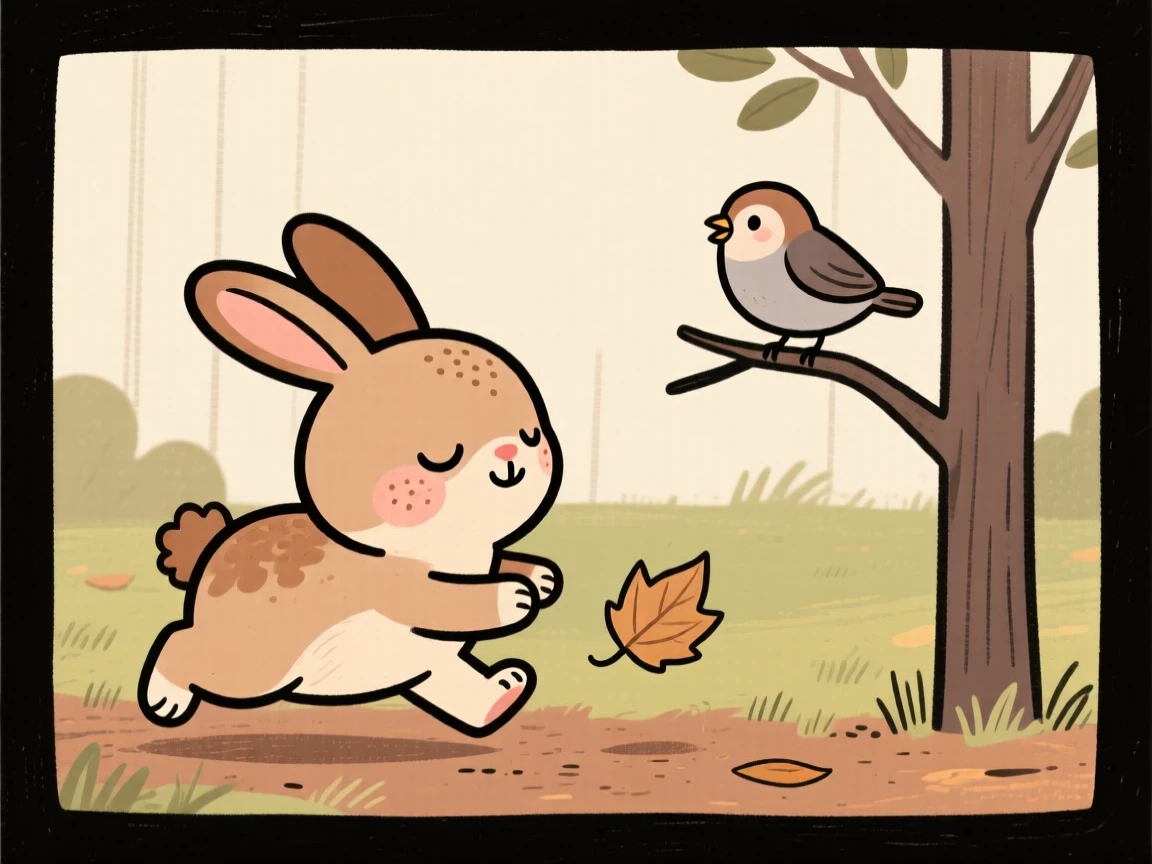 A sleepy bunny chasing a fallen leaf in a quiet backyard, pausing to look up with curious, gentle eyes as a bird calls from a branch.