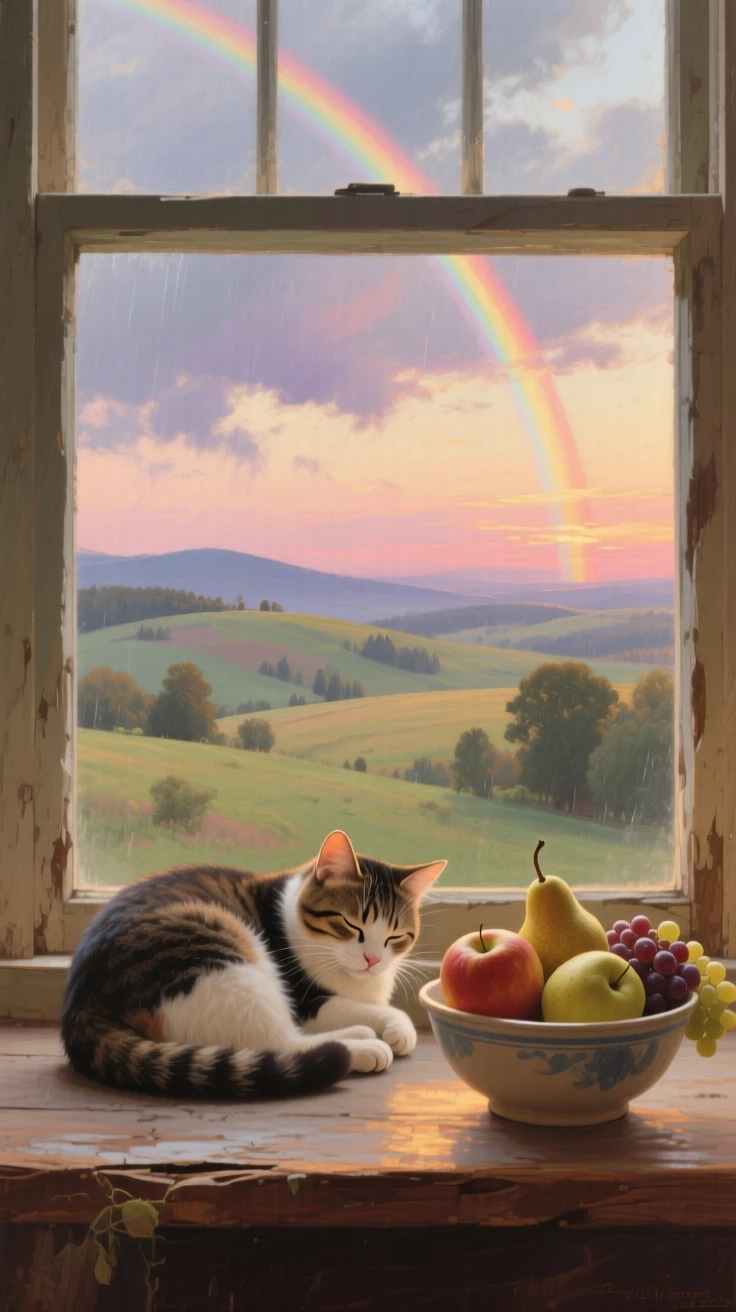 A broad landscape view of a sleepy cat curled on a windowsill beside a bowl of fruit, under a rainbow after a storm, in the last light of sunset.
