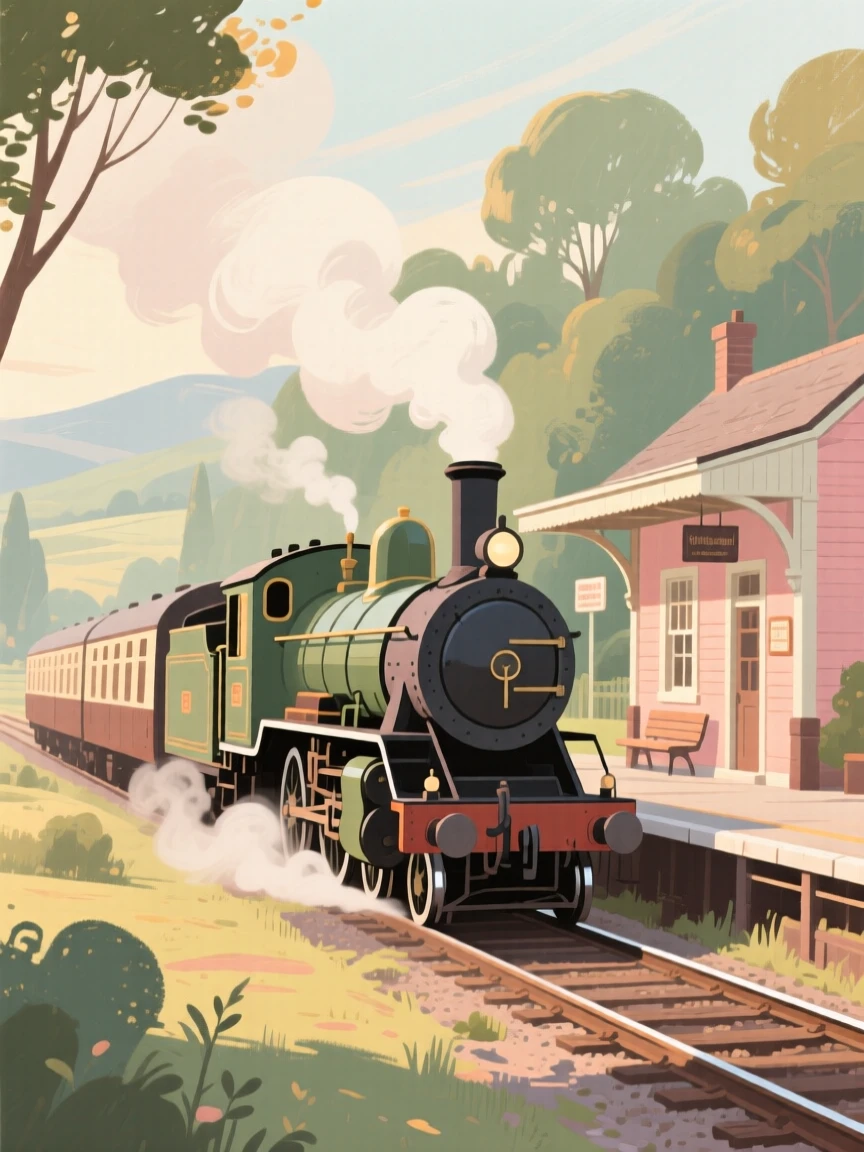 A classic steam train pulling into a small rural station