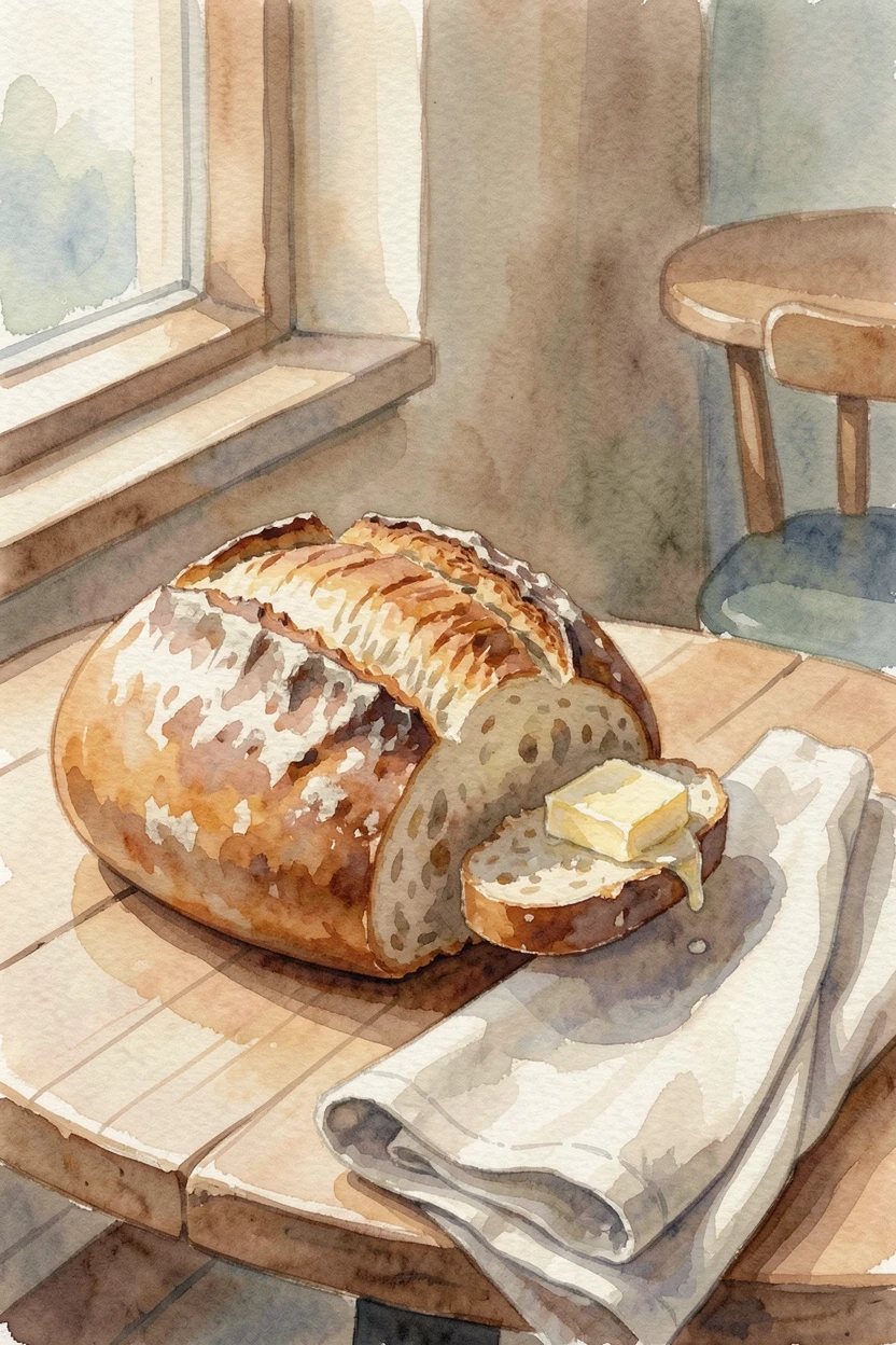 A rustic loaf of fresh bread with a pat of butter in a cozy cafe setting beside a folded linen napkin.