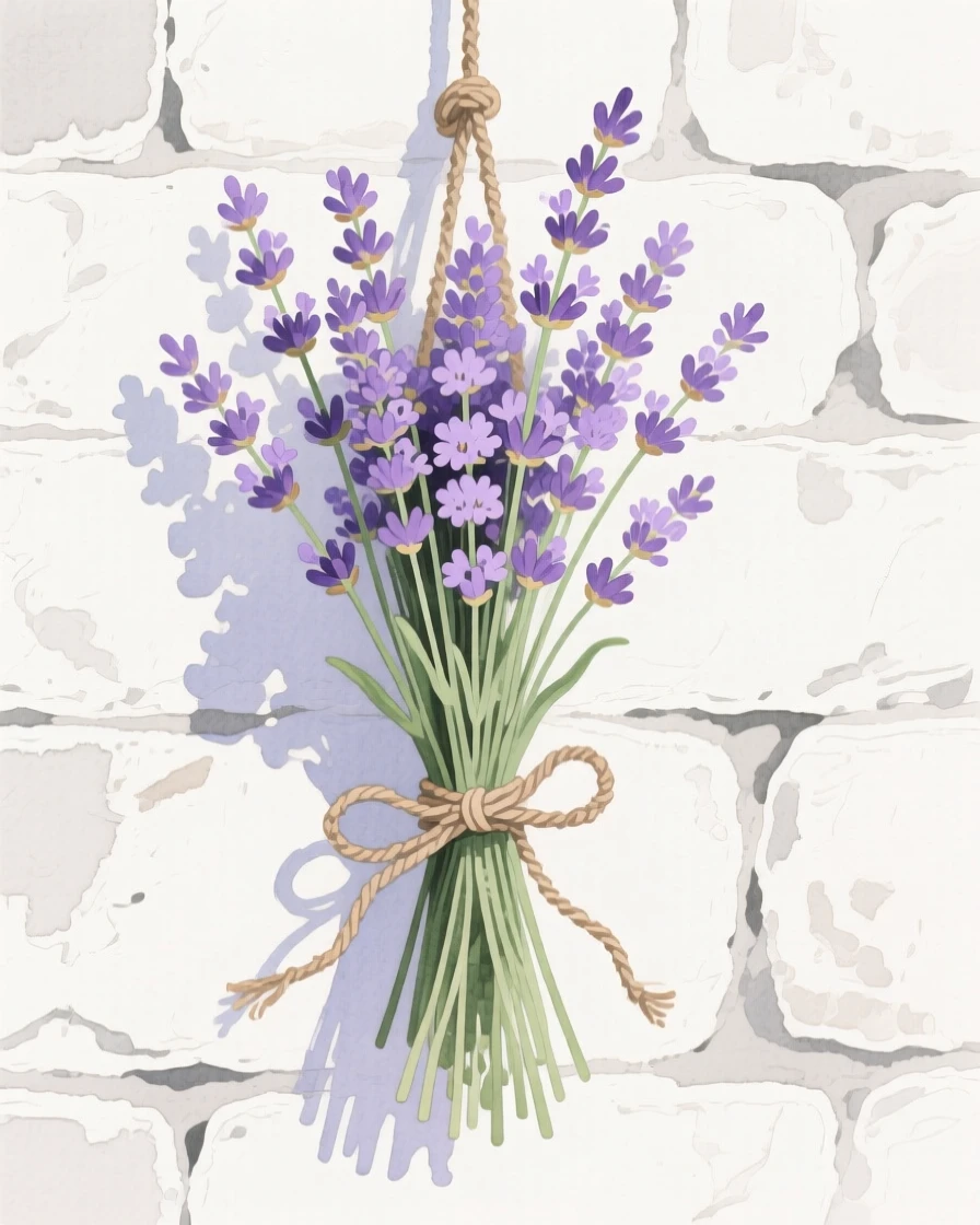 A delicate arrangement of lavender stems tied with twine hangs drying against a whitewashed stone wall