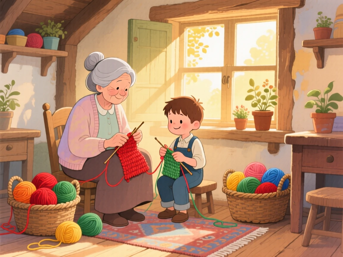 A grandmother teaching her grandson to knit by the window, in a sunlit cottage room with yarn baskets, with warm golden hour lighting, the quiet joy of shared tradition.