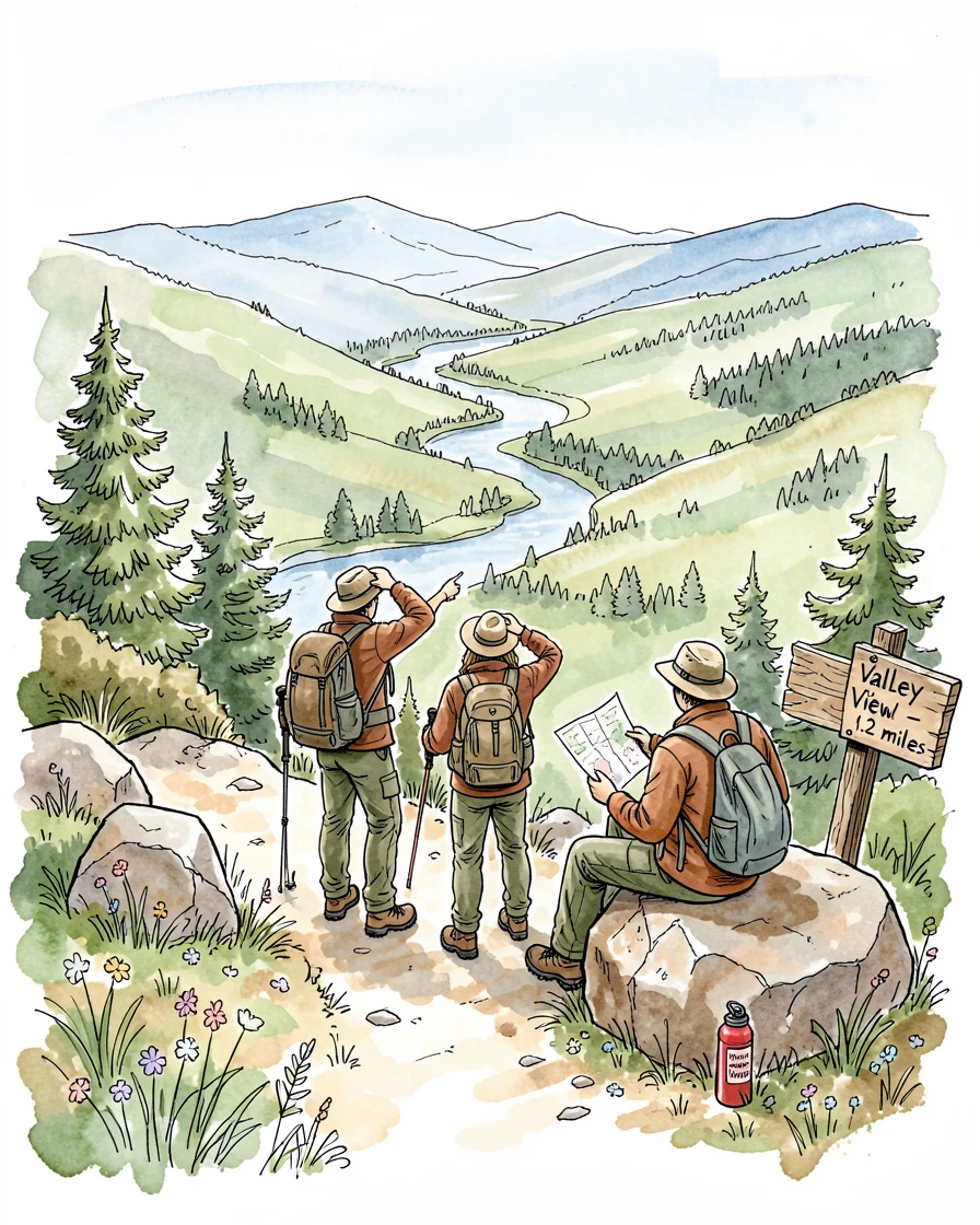 A group of hikers pausing to admire a valley view from a mountain ridge, the scene full of small, comforting details.