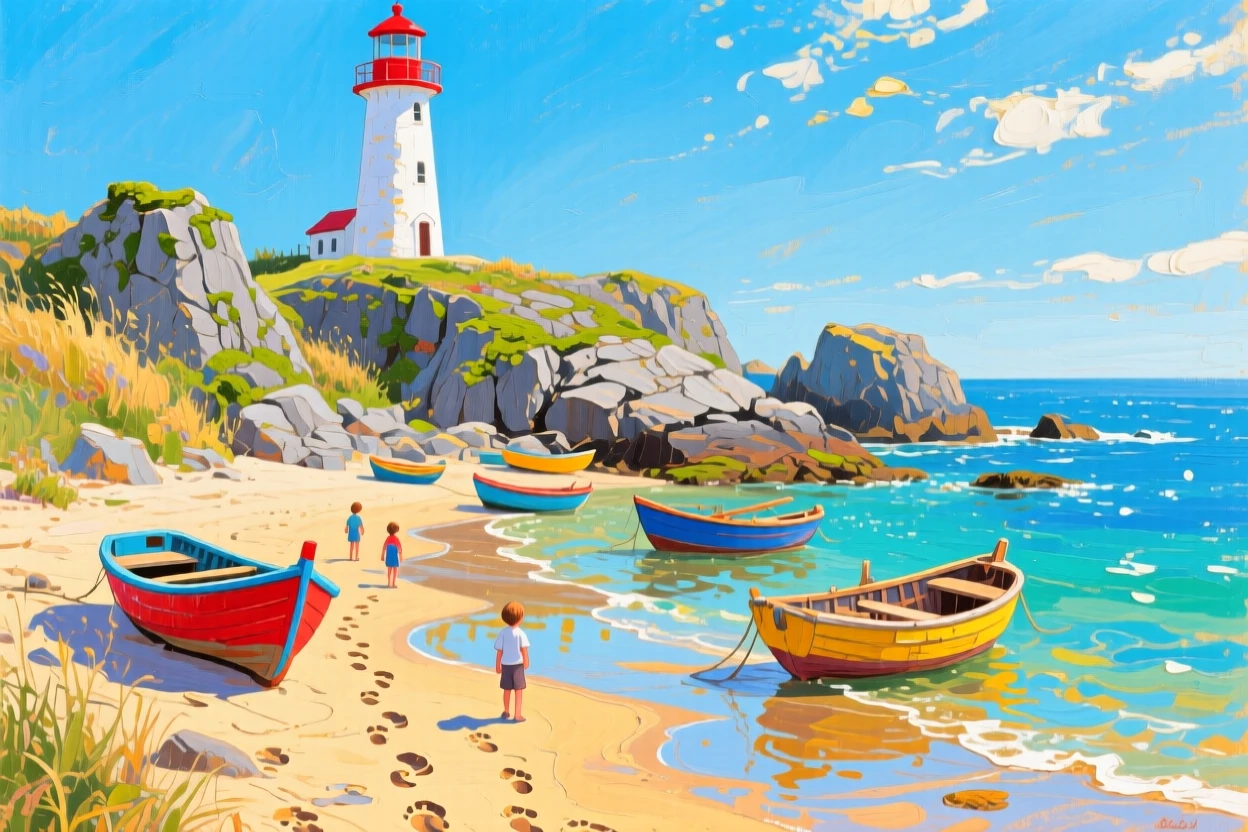 On a clear summer afternoon with brilliant blue water, a lighthouse perched on a rugged headland, where fishing boats rest on the sand at low tide, children's footprints trailing across the wet sand.