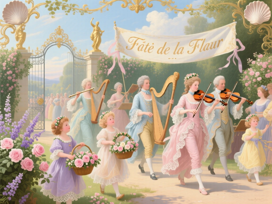 A grand festival procession of musicians and flower-bearing children  