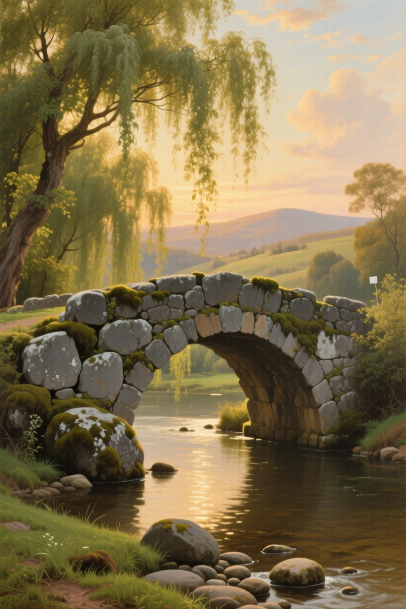 An old stone bridge spans a river beneath a canopy of willow trees.