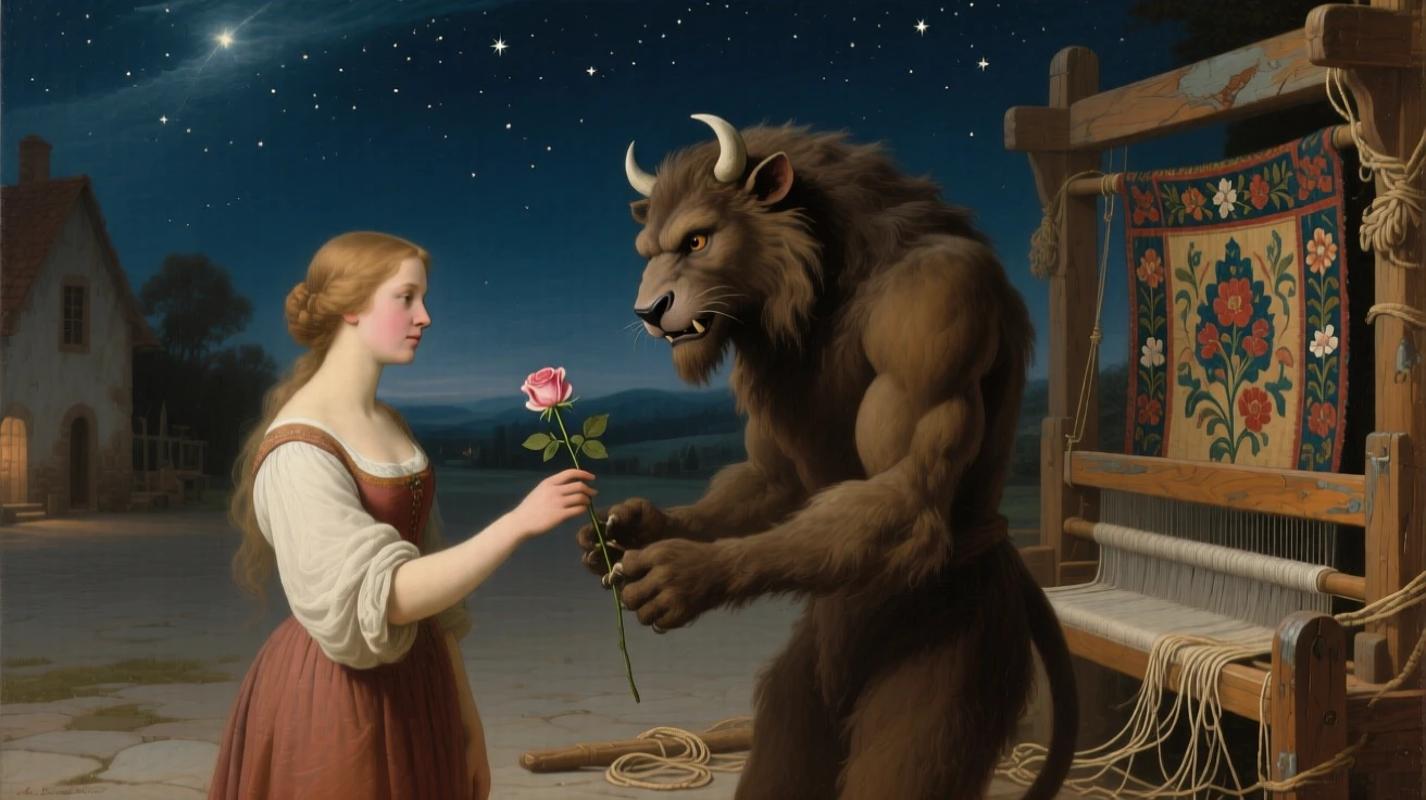 Beauty offering a rose to a gentle, misunderstood beast at the story's most enchanting and memorable turn, set beneath a canopy of stars over a sleepy village square, with an old wooden loom, tangled threads, and a half-finished tapestry; foreground props hint at the tale without overwhelming the central figure, capturing the enchantment of tales passed down through generations.
