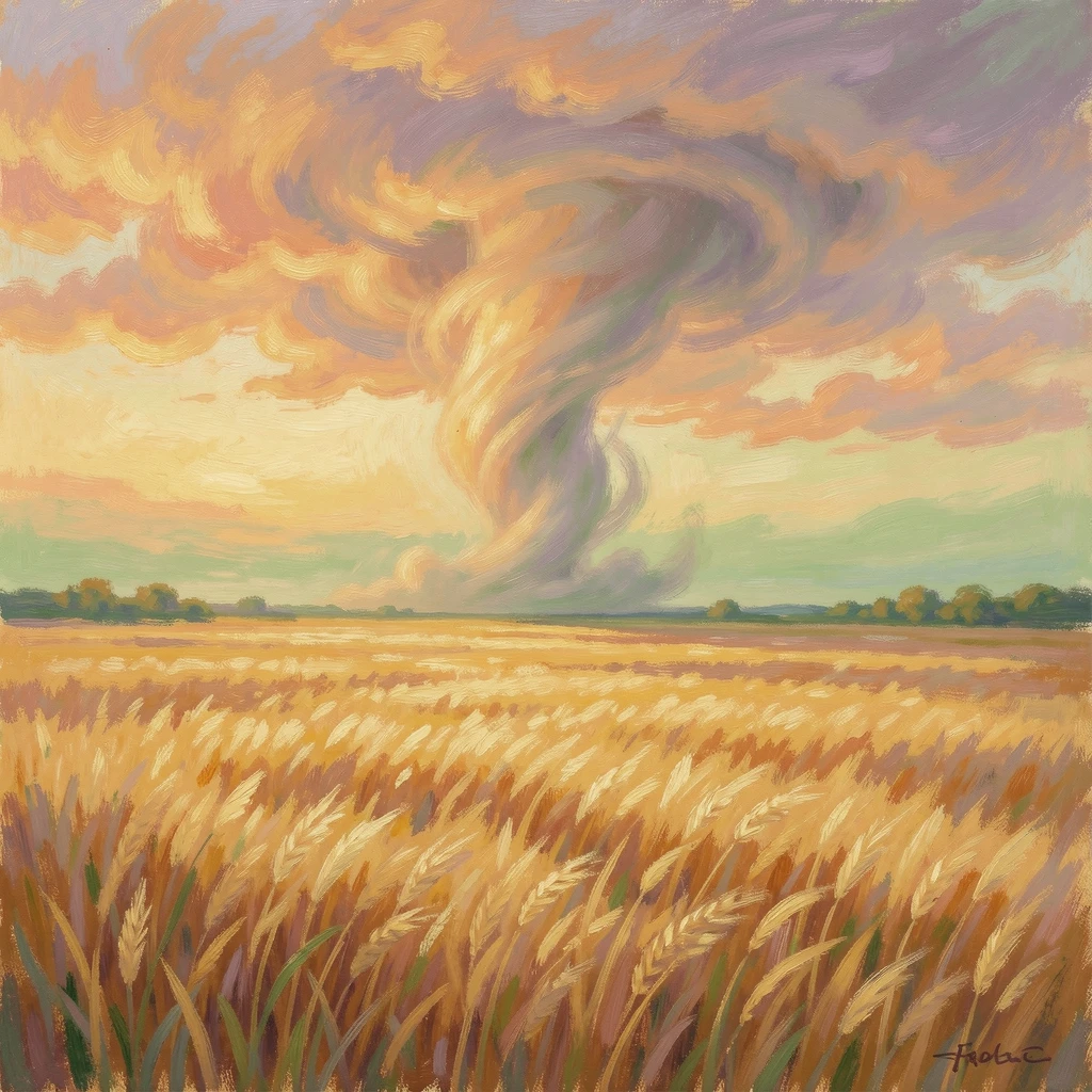 A powerful tornado forming on the horizon above golden prairie farmland beneath a green-tinged sky, under a glowing sunset sky, filled with warmth and nostalgia.