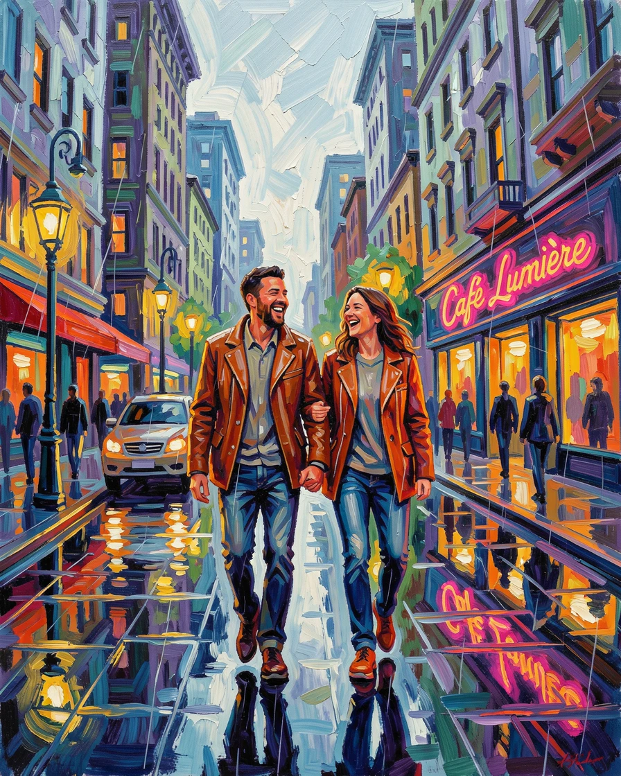 Best friends linking arms and laughing as they walk down a rain-slicked city street.