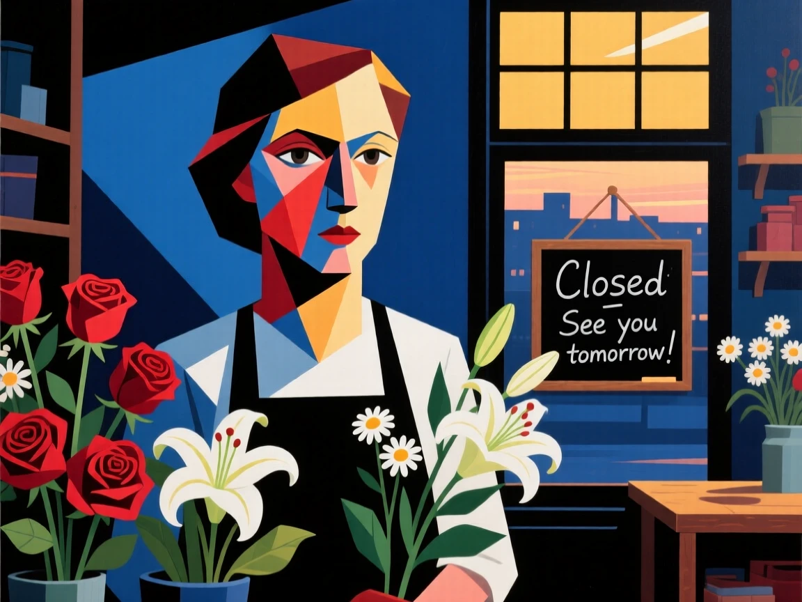 A medium shot portrait of a florist on a quiet evening after closing up shop, focused and content in the craft.