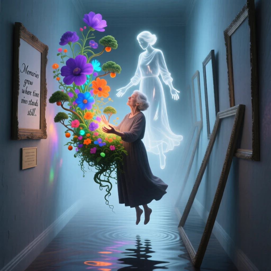 An elderly woman with a garden growing from her open palms drifts through a corridor lined with empty picture frames, while a second, ghostly version of them lingers behind.