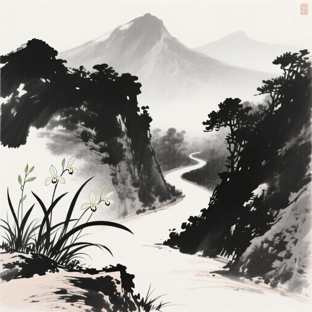 Orchids grow wild along a shaded mountain path, with distant peaks barely visible through the canopy.