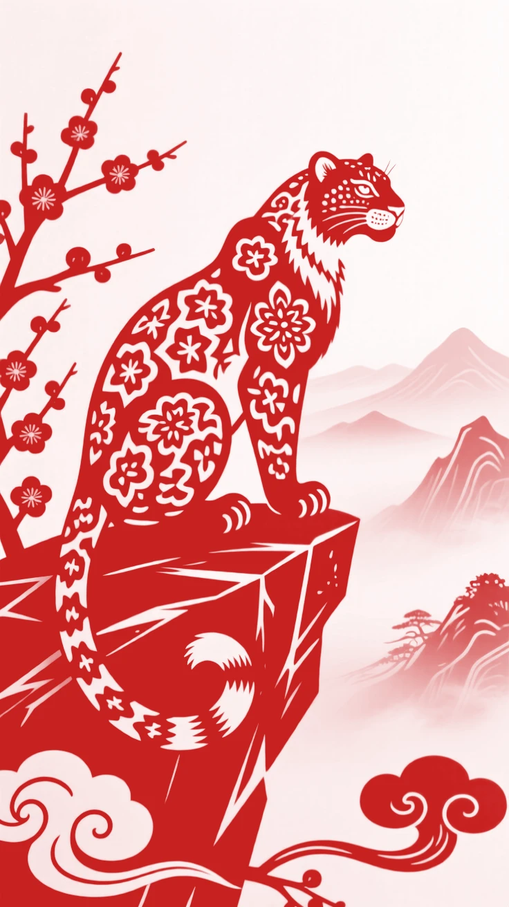 A snow leopard perched on a rocky ledge overlooking a misty mountain valley, tail curled elegantly around its paws