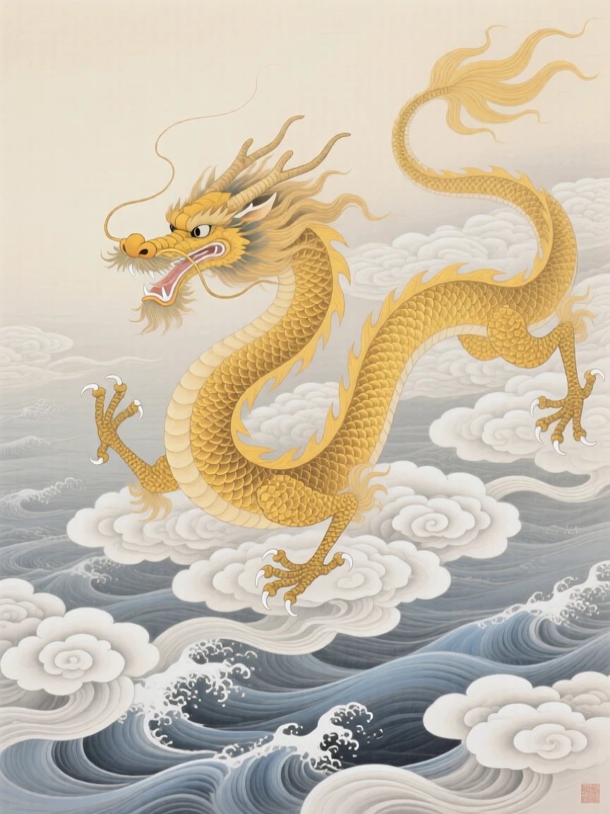 A golden dragon coiling gracefully through the air above a sea of swirling clouds