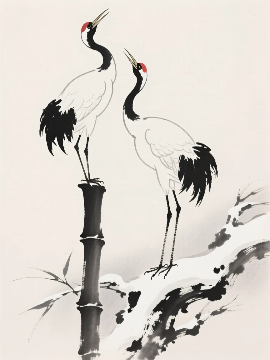 A pair of cranes calling out from atop a tall bamboo stalk beside a snow-covered branch, seen up close with delicate feather detail, capturing a fleeting moment of natural beauty.