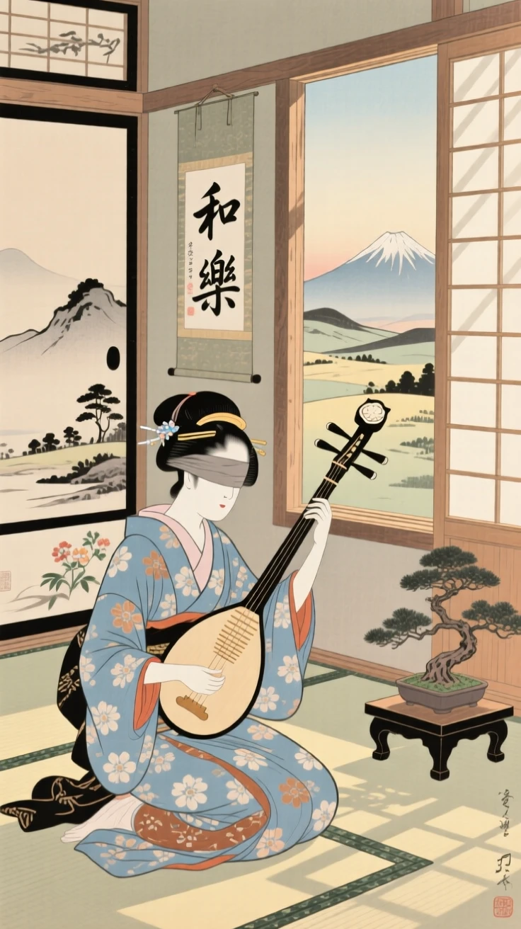 A blind masseuse playing music in a sunlit room.