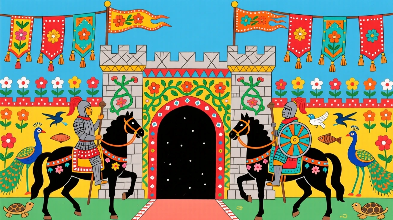 Knights on horseback approaching a castle gate beneath fluttering banners.