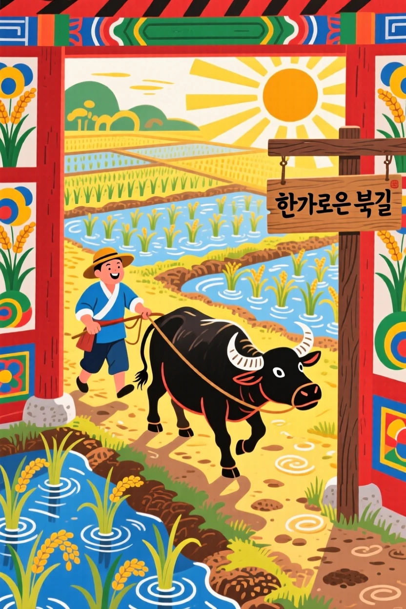 A farmer leading an ox through a rice paddy in a sunlit courtyard.