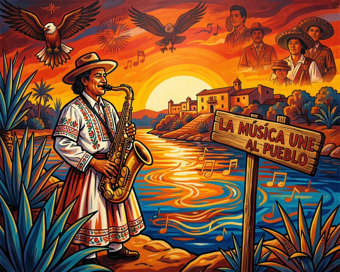 A saxophonist performing beside a river at sunset