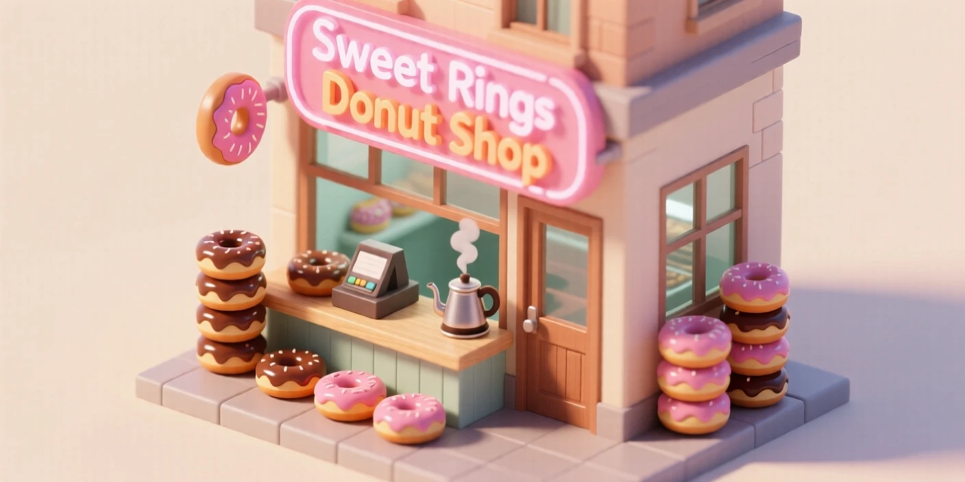 A charming donut shop with a glowing neon sign, glazed rings stacked in towers, and a coffee pot steaming beside the register.