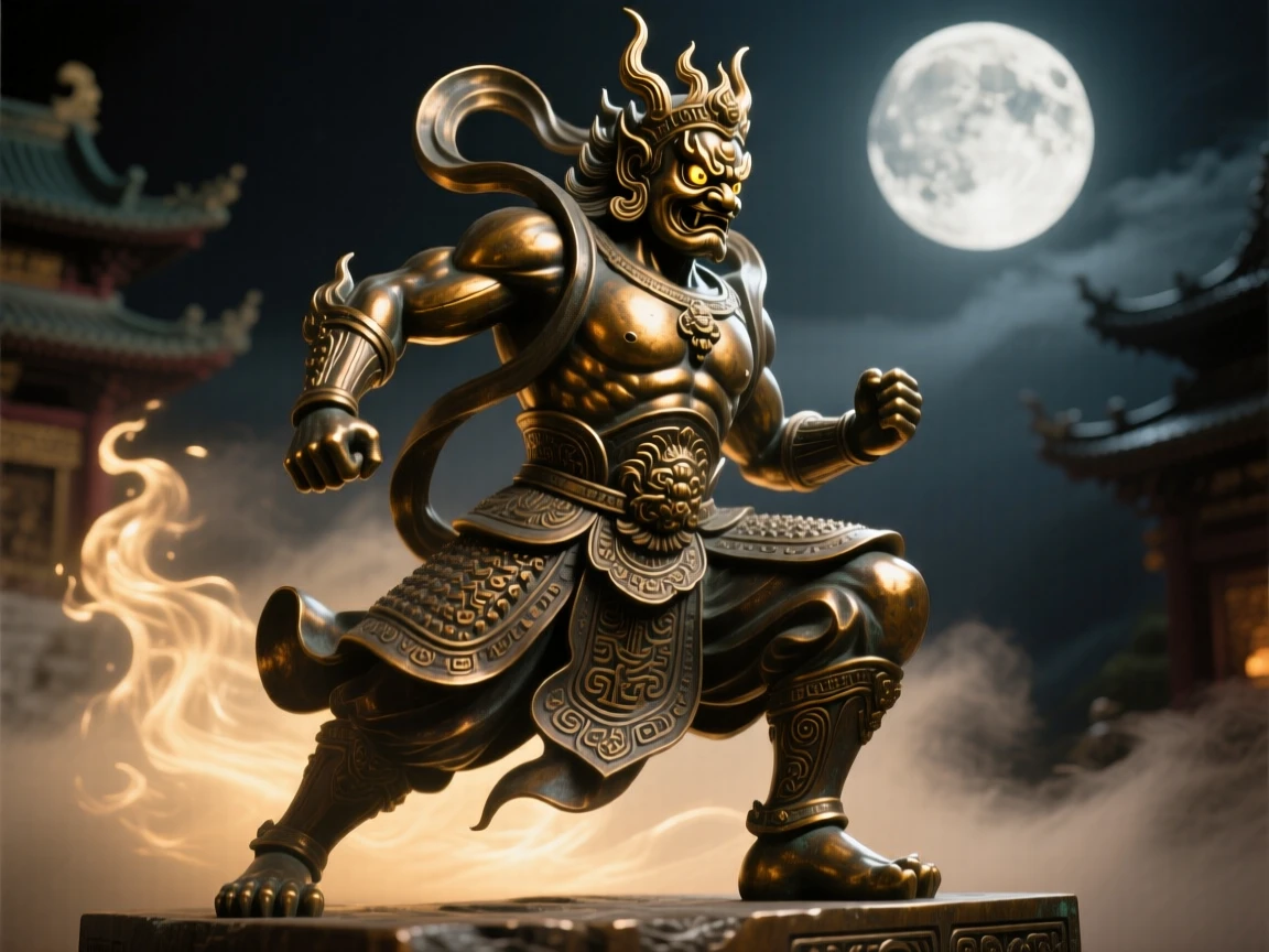 A temple guardian statue awakening under moonlight, with an aura of ancient power, radiating awe and grandeur