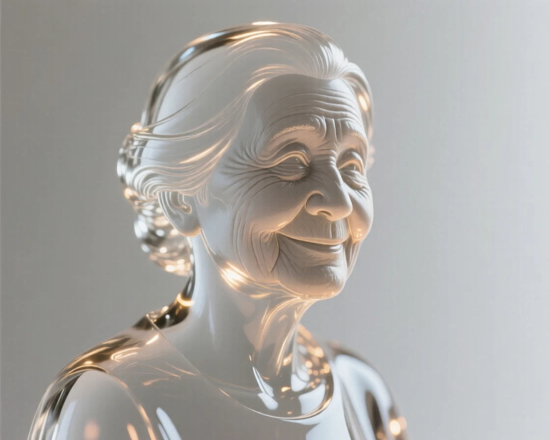 An elder woman with a gentle, wise smile framed in a close, intimate composition, soft rim light outlining the silhouette, evoking warmth and connection.