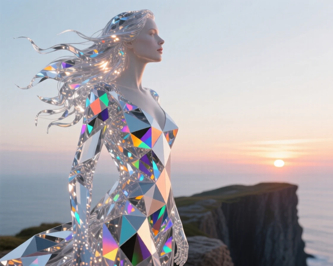 A woman standing at a cliff's edge, wind sweeping through her hair as she watches the sunset.