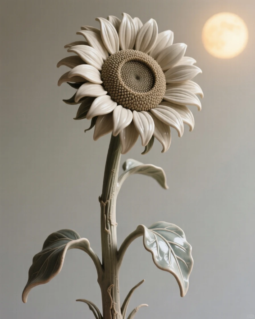 A towering sunflower turned toward the sun reaching upward in quiet aspiration, its stem gently arching under its own weight, evoking fragile beauty and quiet renewal.