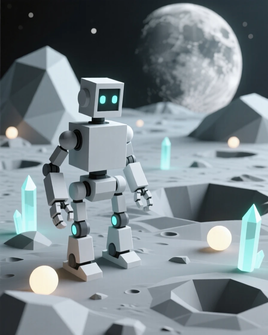 A robot exploring the surface of a distant moon, surrounded by glowing bioluminescent light. rich color gradients enhance the dreamlike atmosphere. The atmosphere feels serene yet infinite.
