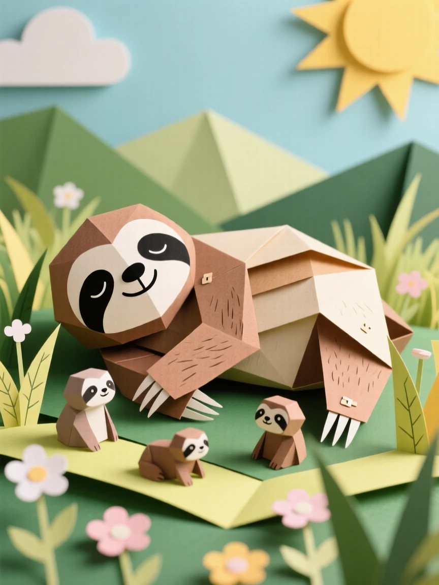 A sleepy sloth resting in a sunlit meadow, with its family close by watching, capturing the wonder of the natural world.