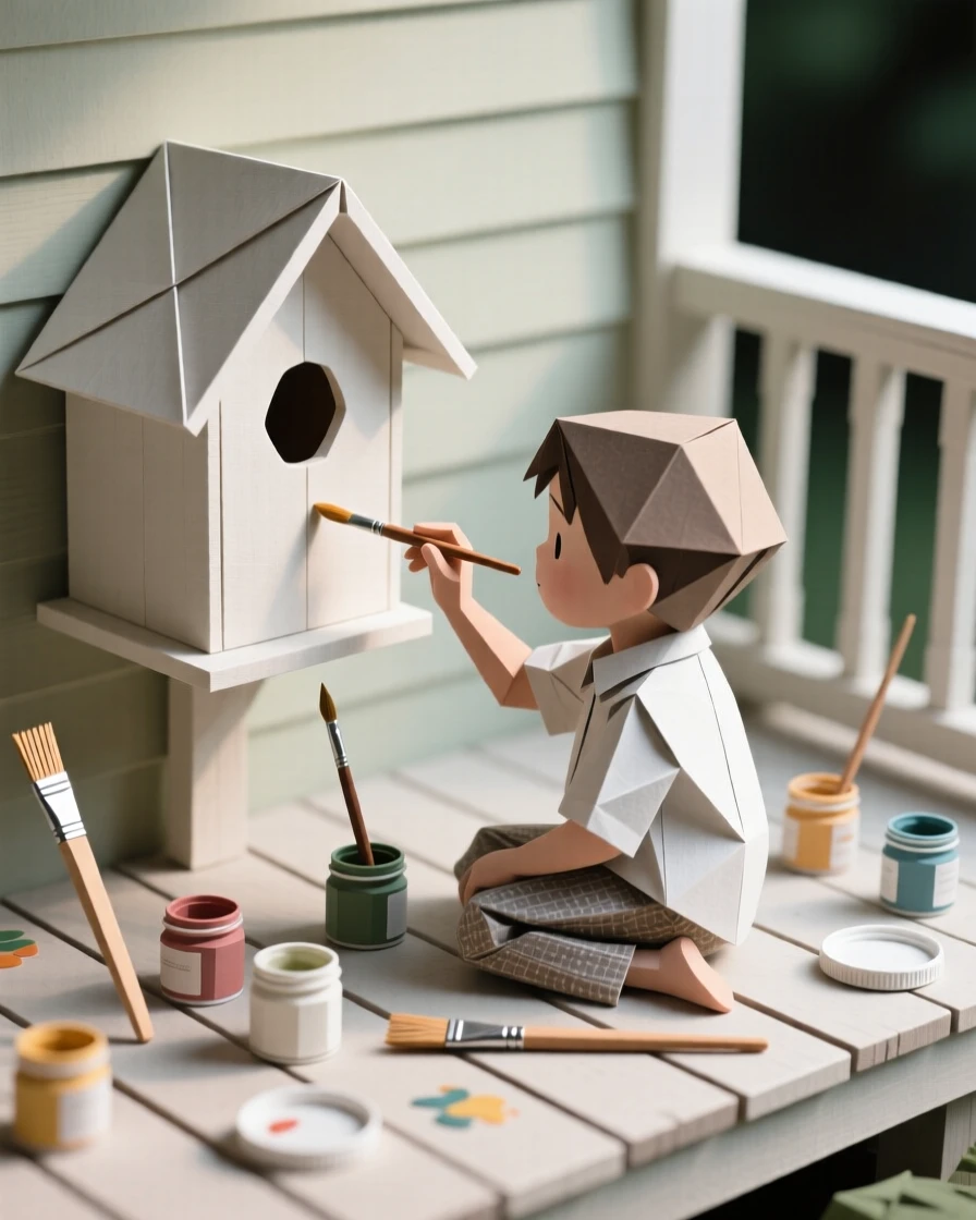 A child painting a birdhouse on the back porch, brushes and paint jars scattered around.