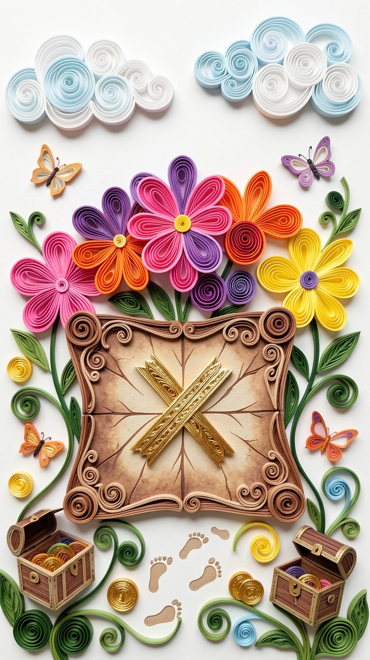 A whimsical children's scene of a child's treasure map leading to an X marked in gold beneath a canopy of oversized flowers, with soft fluffy clouds drifting by, framed with charming small details scattered throughout.