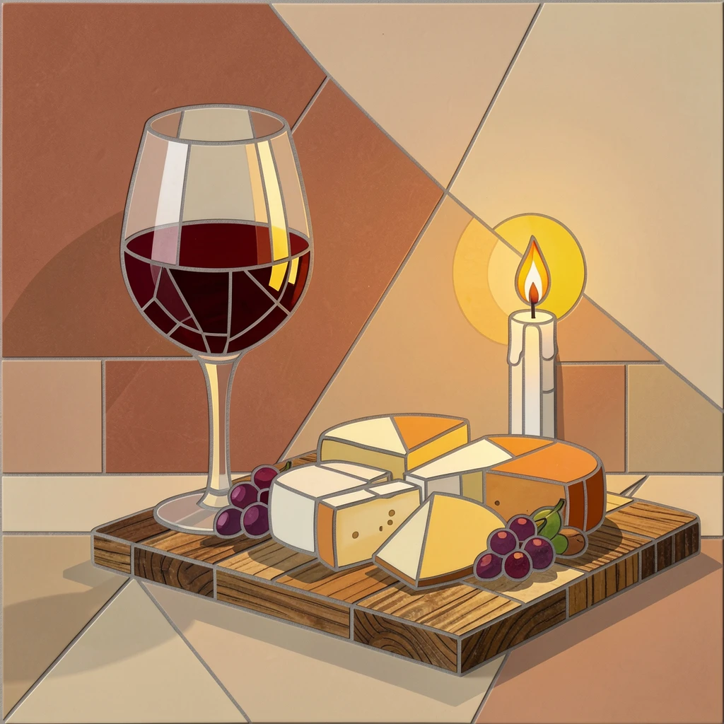 A glass of red wine beside a rustic cheese board in candlelight.