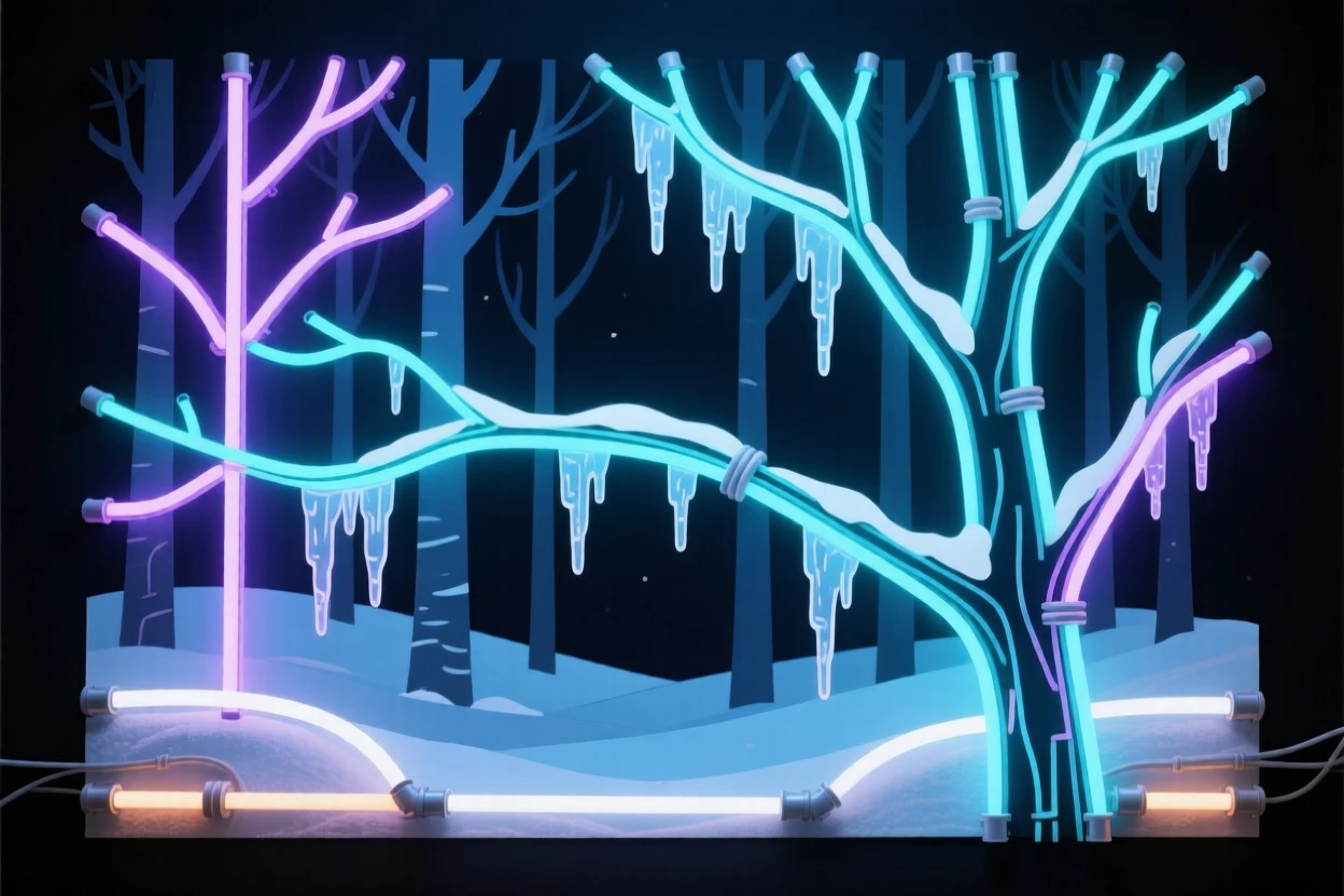 A winter forest with icicles hanging from bare branches.